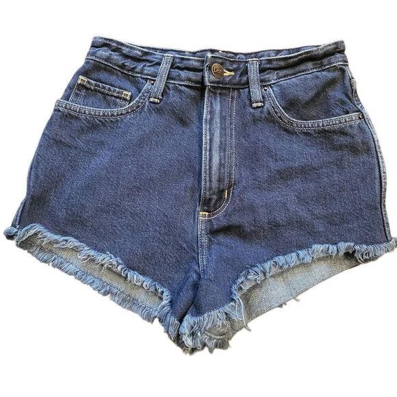 Lee Denim Shorts Women's 26 Blue Retro High Rise Pinup Hot Pants Fringe Cowboy - Picture 1 of 4